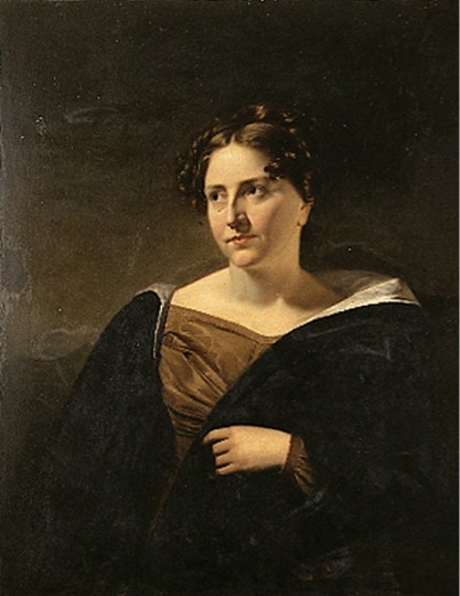 Portrait of a young white woman looking away from the artist and wearing a brown gown and black cape.