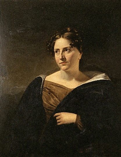 Portrait of a young white woman looking away from the artist and wearing a brown gown and black cape.