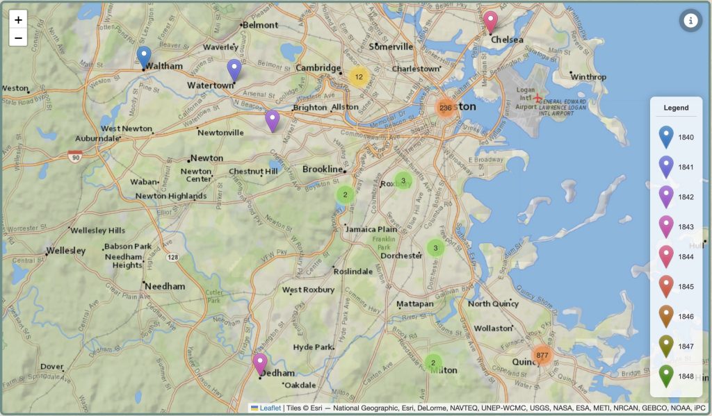 Modern map of greater Boston from Wellesley and Weston in the west and to Winthrop and Quincy in the east. 9 markers indicate dates from 1840 - 1848.